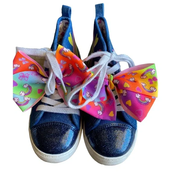 JoJo Siwa High Top Rainbow Denim Sneakers with Bow Size 1 Nickelodeon Girls - Picture 2 of 9